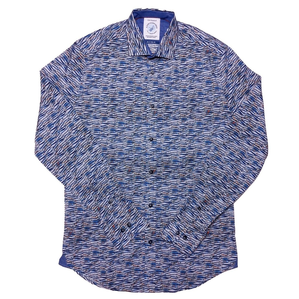 A FISH‎ NAMED FRED Men's Long Sleeve Hawaiian Button Shirt Blue XS Extra Small